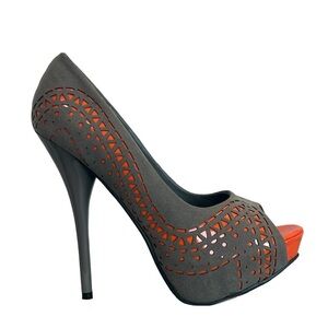Sheikh gray oranger Lasercut perforated high heel pumps Sz 8.5